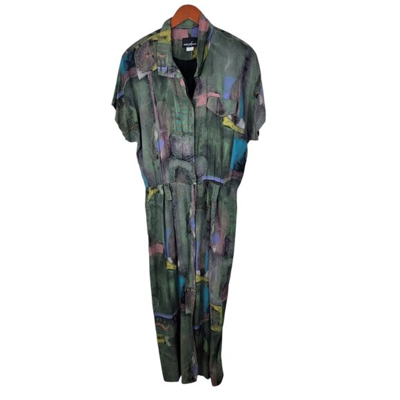 Vintage 90s Shirt Dress Size 14 16 XL Art to Wear Midi Long Green Button Front - Picture 2 of 9